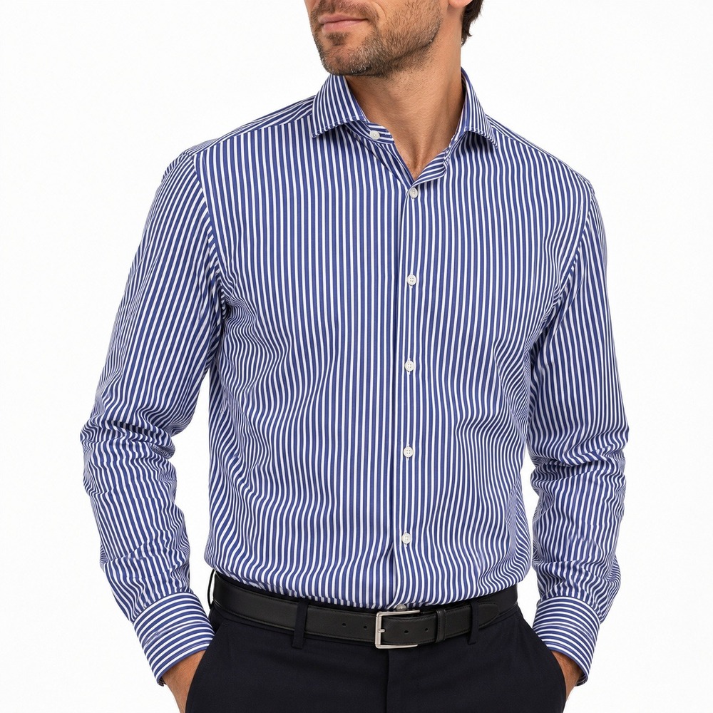 Emanuel Berg Dress Shirt Men 16 M/L Blue White Stripe Modern Fit Business Luxury